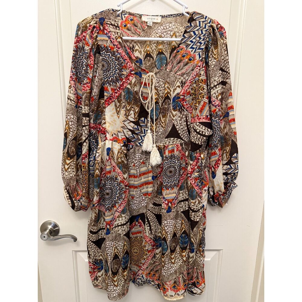 Umgee Boho Pattern Tassel Tie Tunic Dress XL - Picture 4 of 6